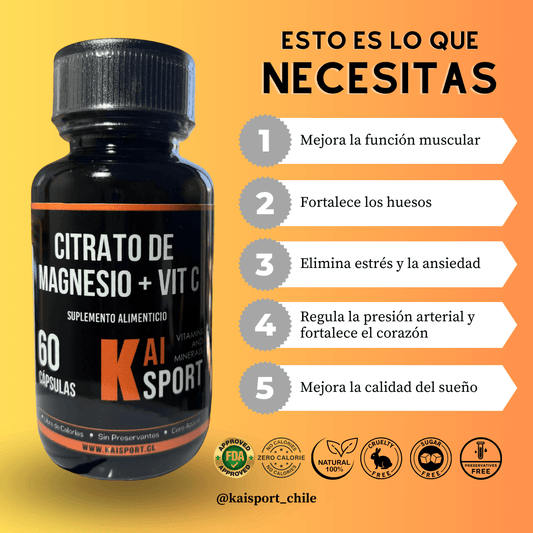 Citrato de Magnesio + Vitamina C + Guía de asesoramiento Gratis en PDF - 2 meses de Tratamiento 600Mg - Kai Sport