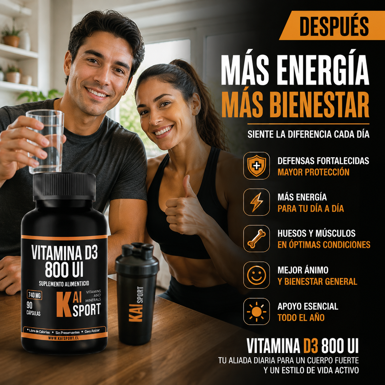 Vitamina D3 800 UI Energía, defensas y bienestar diario para 3 Meses