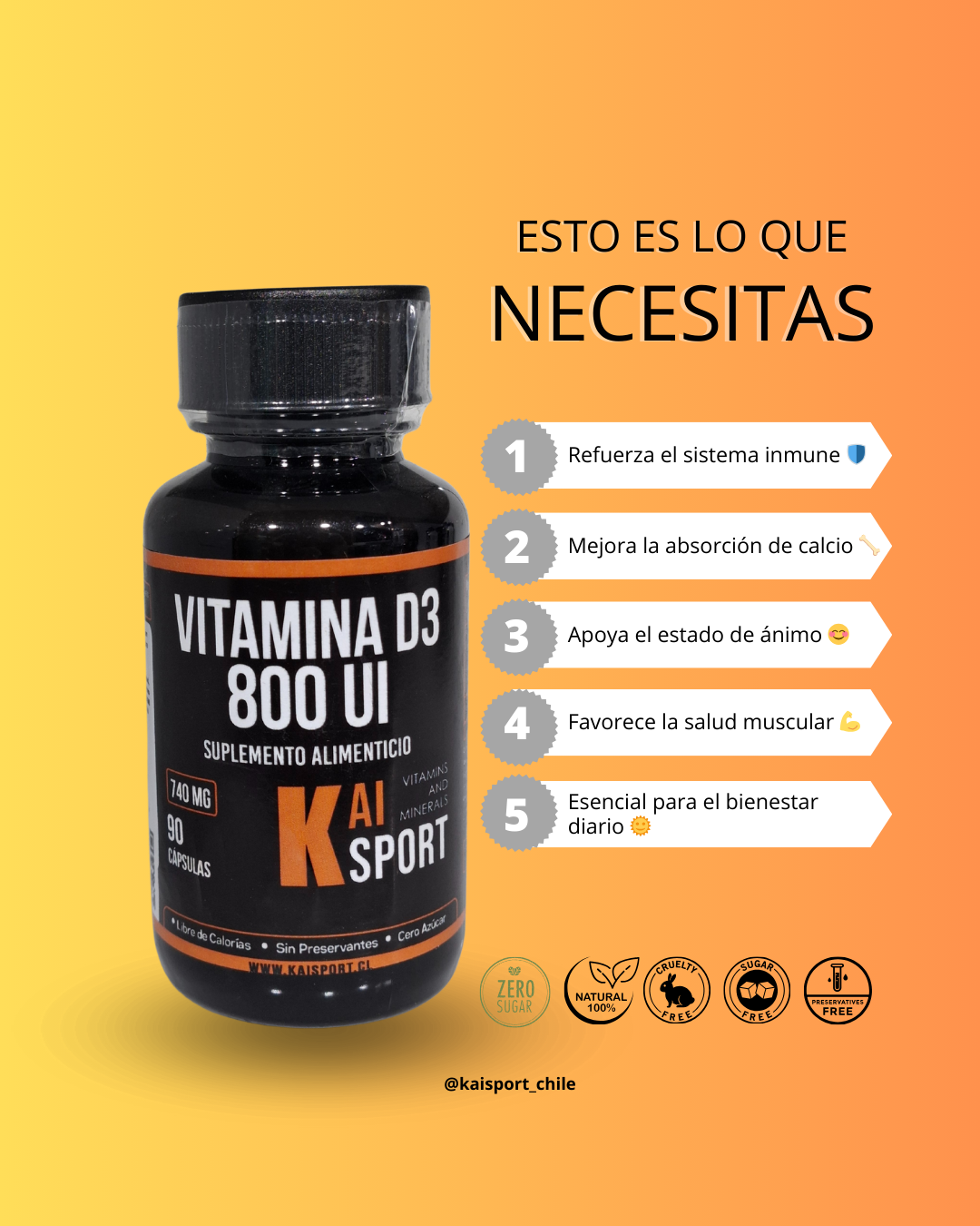 Vitamina D3 800 UI - 90 cápsulas - Kai Sport