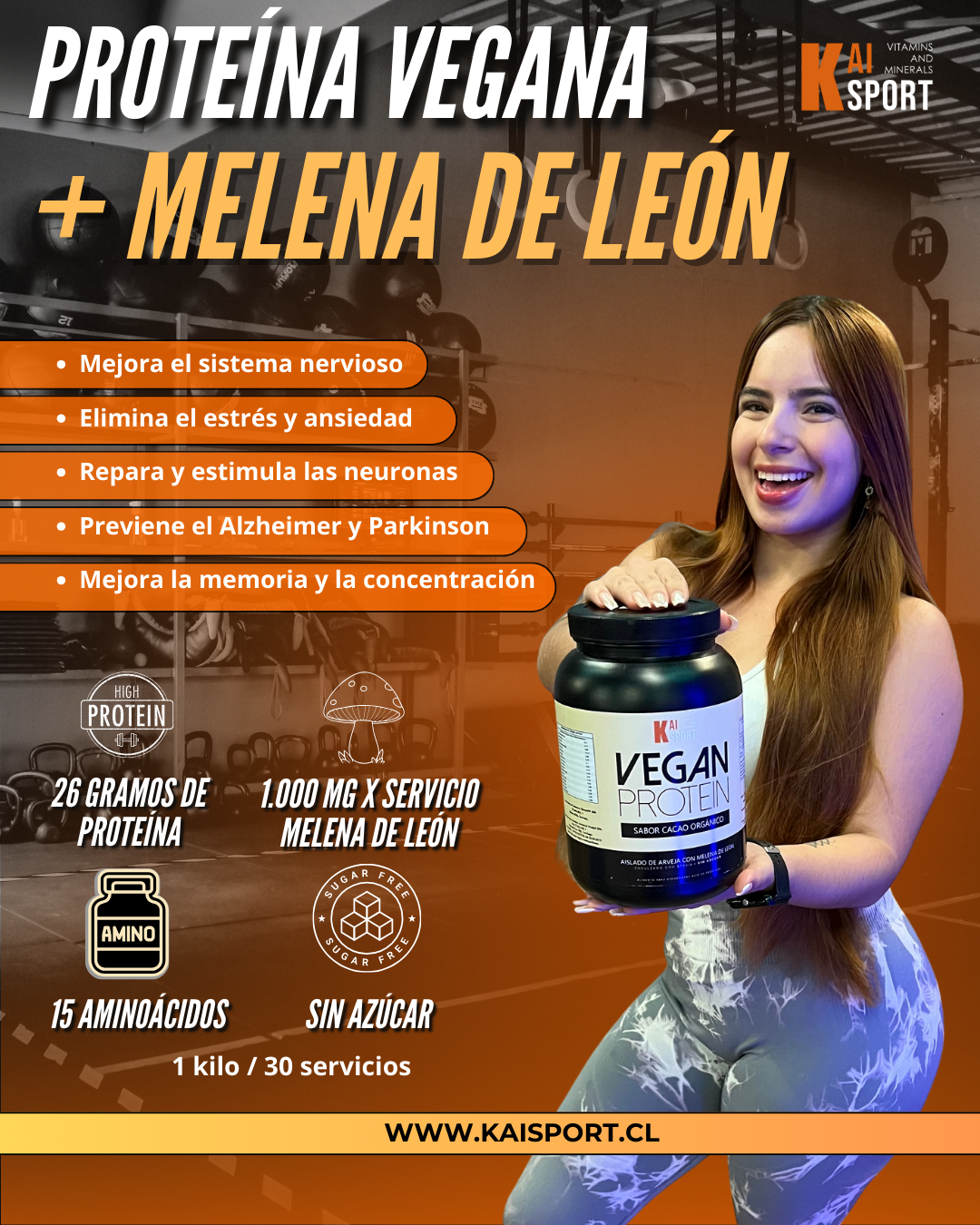 Proteína Vegana con Melena de León + 15 aminoácidos - sin azúcar + GUÍA DE PANQUEQUE PROTEICOS - Kai Sport